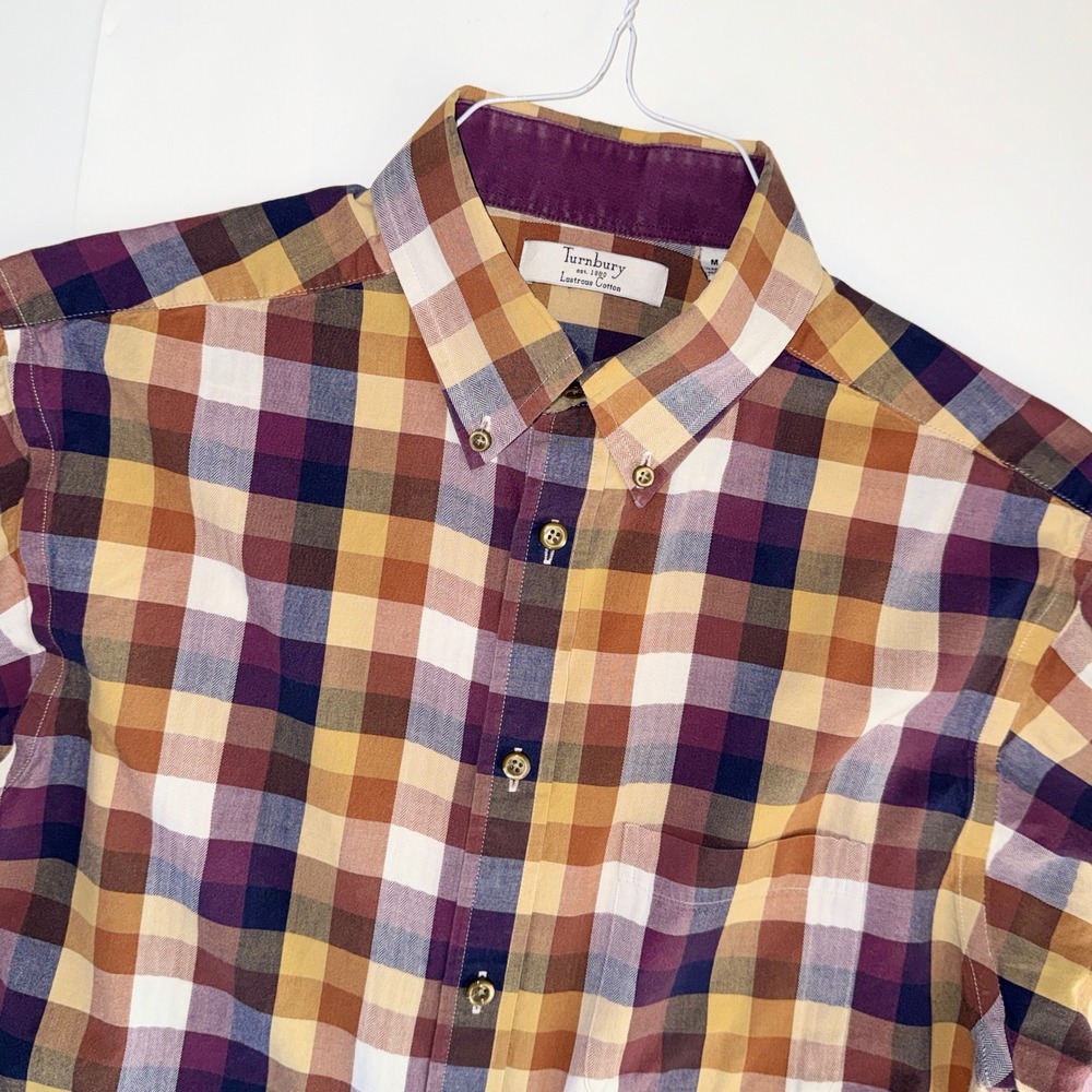 Turnbury Mens Lustrous Cotton Plaid Button Down Shirt Purple Gold Brown Size M